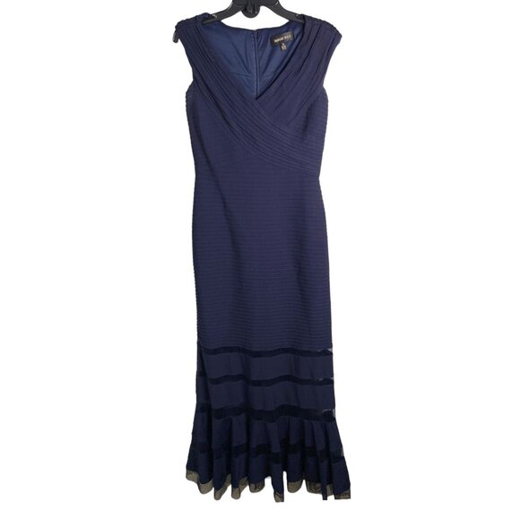 Tadashi Shoji Amata Gown Small Navy blue 6L1143LY-BLACK ribbed trumpet hem - Picture 2 of 13